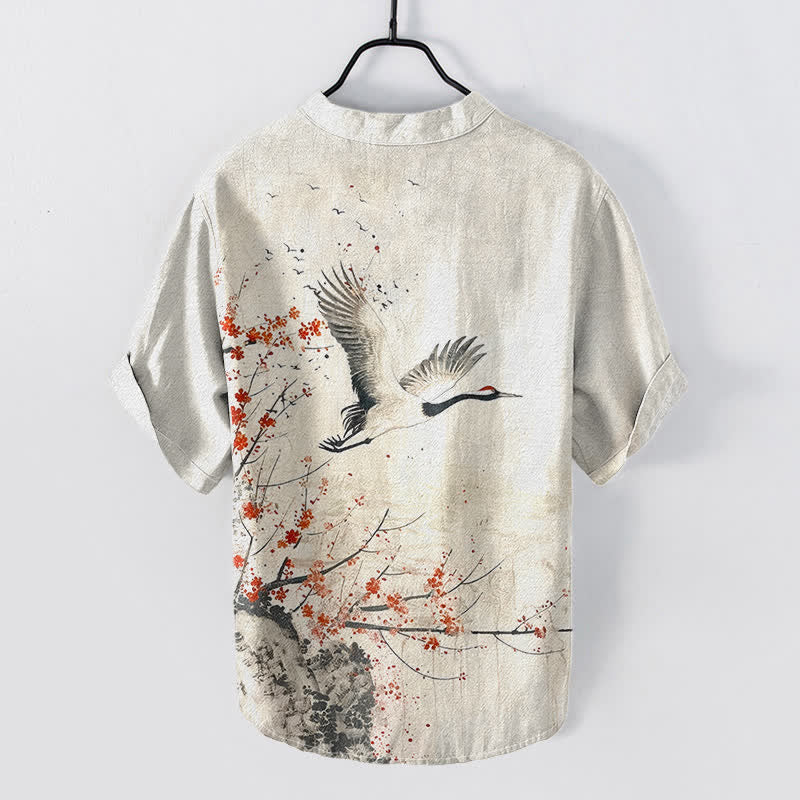 Nimara Ritual Cotton Crane Plum Blossom Pattern Men's Short Sleeve Half Button Shirt