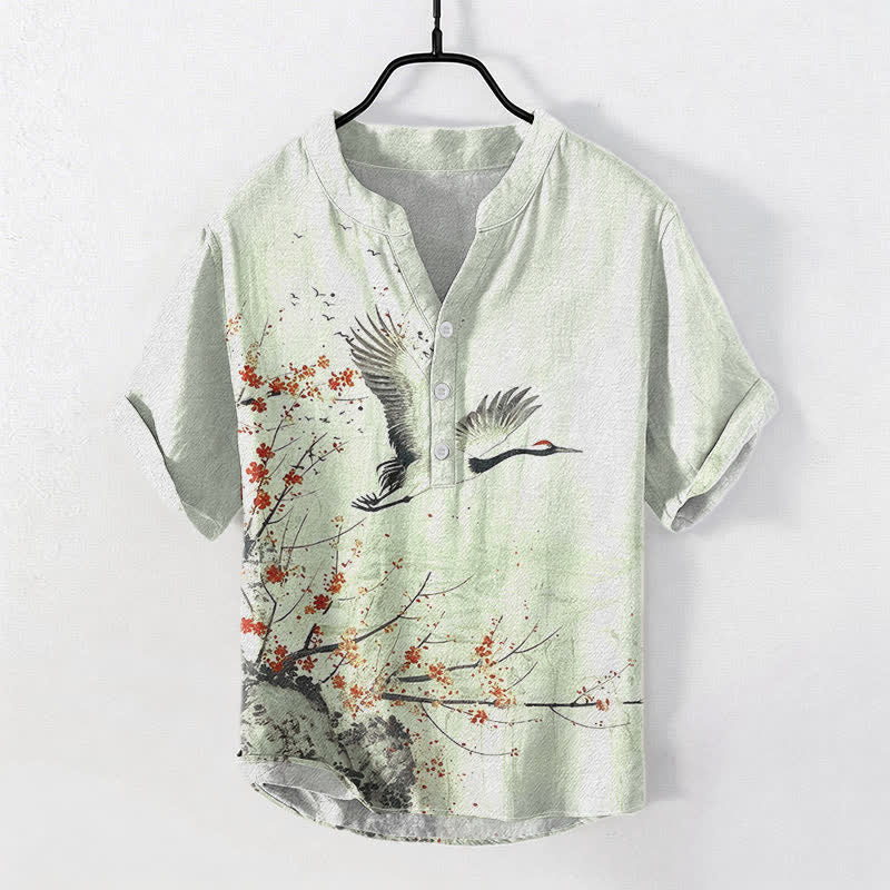 Nimara Ritual Cotton Crane Plum Blossom Pattern Men's Short Sleeve Half Button Shirt