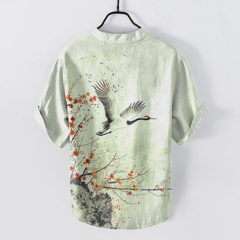 Nimara Ritual Cotton Crane Plum Blossom Pattern Men's Short Sleeve Half Button Shirt