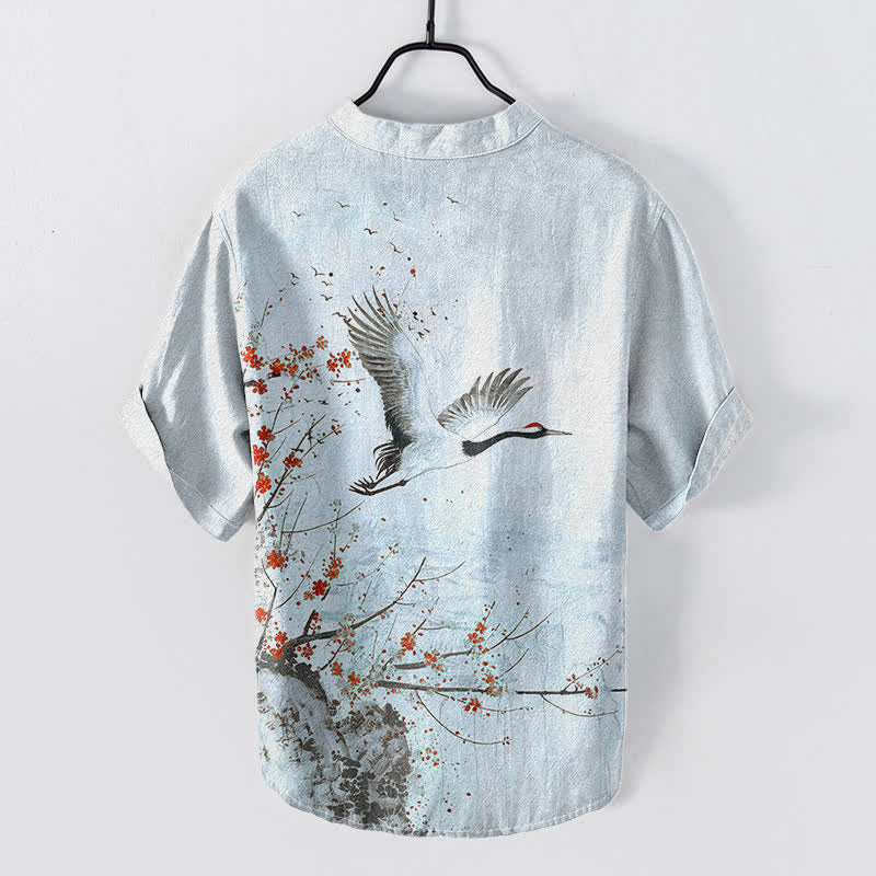 Nimara Ritual Cotton Crane Plum Blossom Pattern Men's Short Sleeve Half Button Shirt