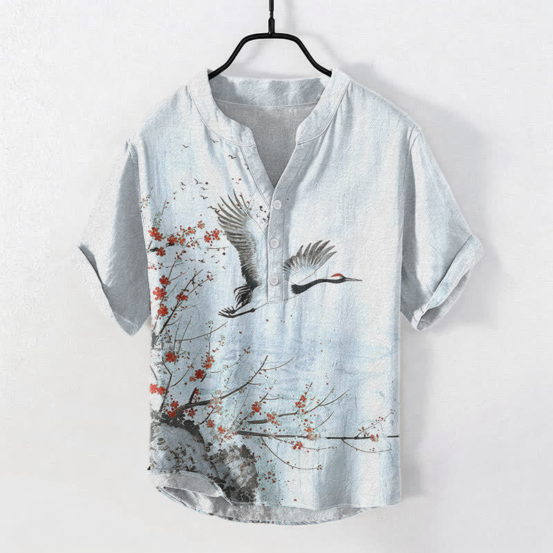 Nimara Ritual Cotton Crane Plum Blossom Pattern Men's Short Sleeve Half Button Shirt