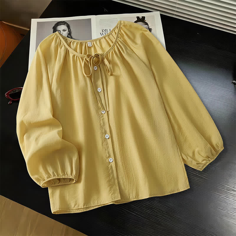 Nimara Ritual Spring Summer Casual Boho Crew Neck Drawstring Button-Up Solid Women's Long Sleeve Shirts