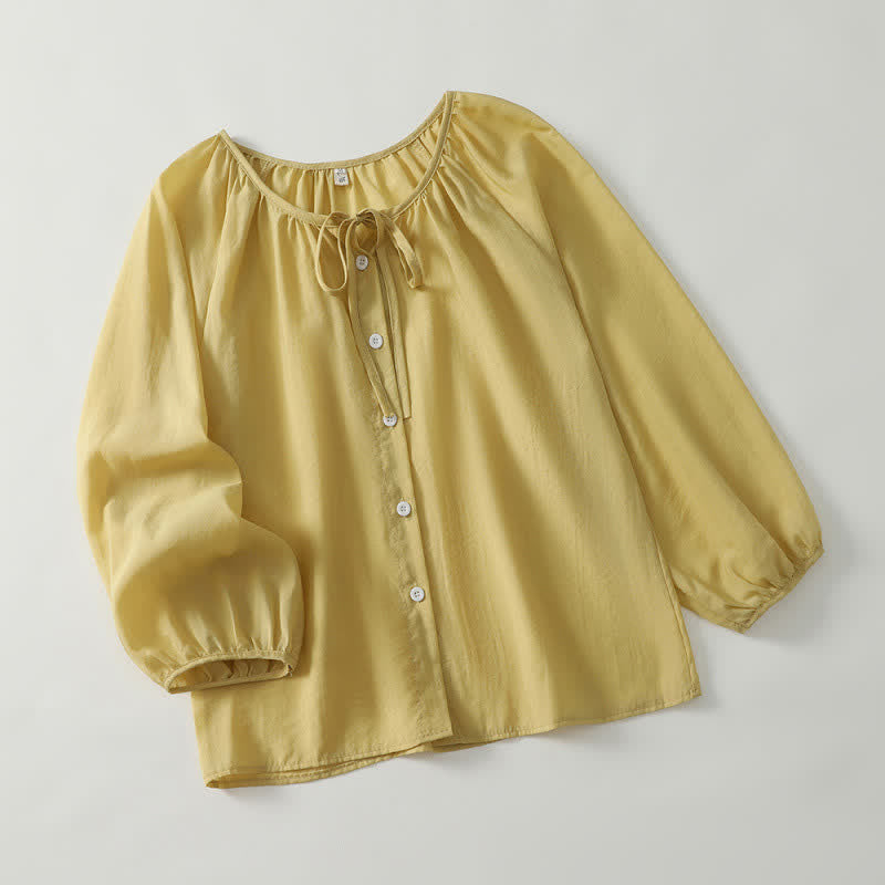 Nimara Ritual Spring Summer Casual Boho Crew Neck Drawstring Button-Up Solid Women's Long Sleeve Shirts