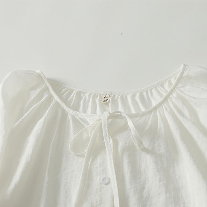 Nimara Ritual Spring Summer Casual Boho Crew Neck Drawstring Button-Up Solid Women's Long Sleeve Shirts