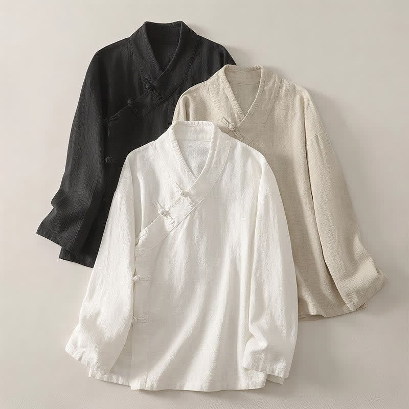 Nimara Ritual Spring Summer Tang Style Minimalist V-Neck Frog Button Solid Women's Long Sleeve Shirts