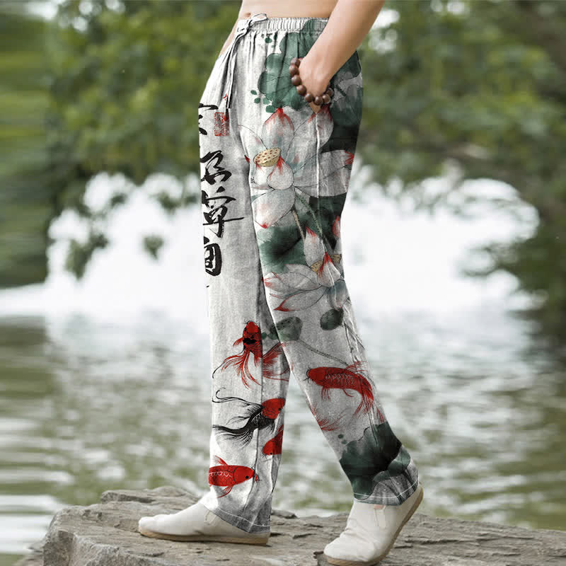 Nimara Ritual Cotton Lotus Koi Fish Ink Wash Pattern Men's Tapered Pants With Pockets