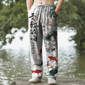 Nimara Ritual Cotton Lotus Koi Fish Ink Wash Pattern Men's Tapered Pants With Pockets