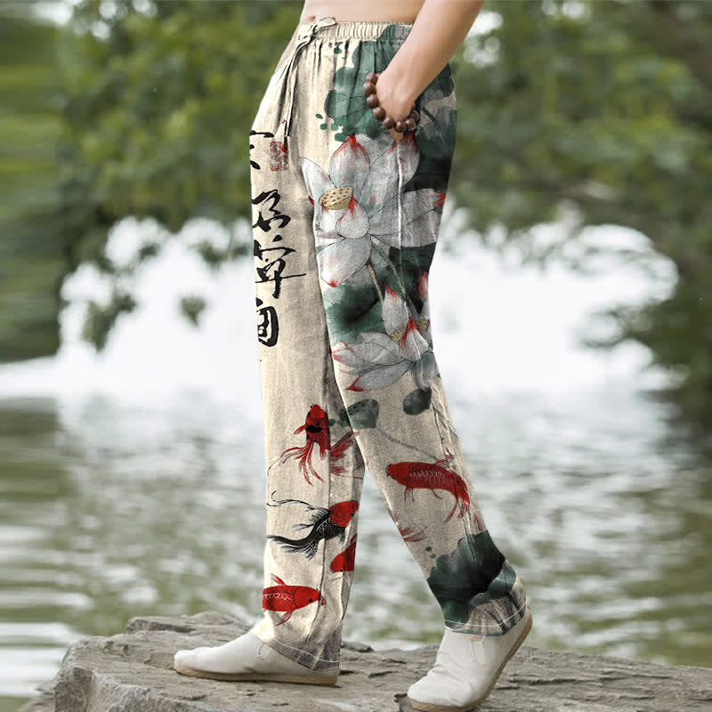 Nimara Ritual Cotton Lotus Koi Fish Ink Wash Pattern Men's Tapered Pants With Pockets