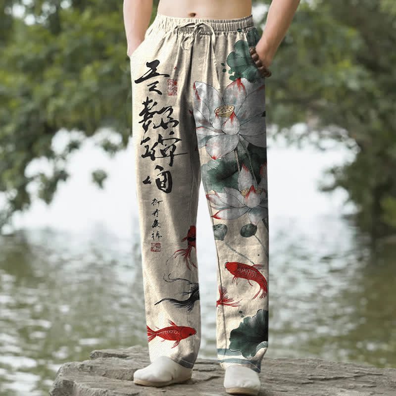 Nimara Ritual Cotton Lotus Koi Fish Ink Wash Pattern Men's Tapered Pants With Pockets