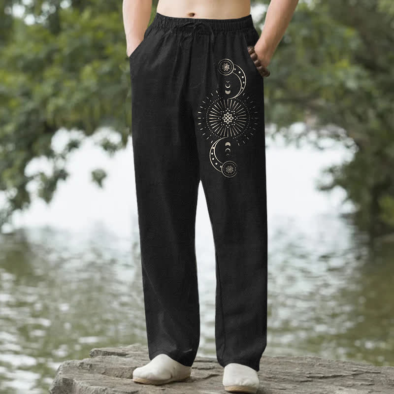 Nimara Ritual Cotton Moon Phase Mandala Pattern Men's Tapered Pants With Pockets