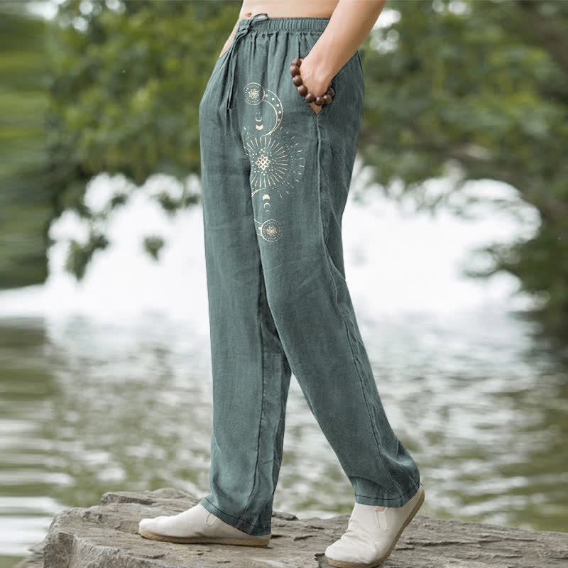 Nimara Ritual Cotton Moon Phase Mandala Pattern Men's Tapered Pants With Pockets