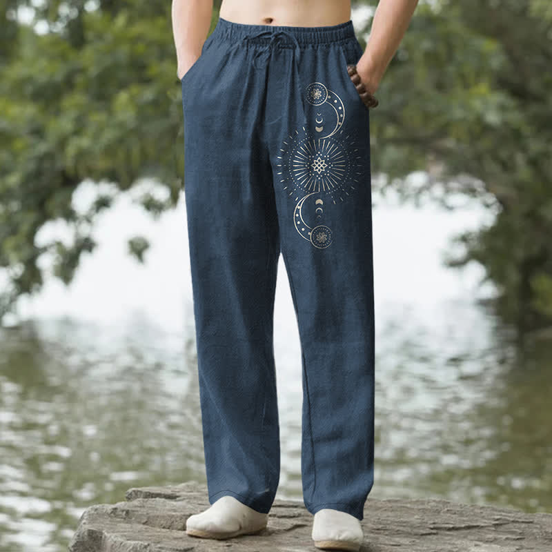Nimara Ritual Cotton Moon Phase Mandala Pattern Men's Tapered Pants With Pockets