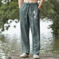 Nimara Ritual Cotton White Crane Wave Pattern Men's Tapered Pants With Pockets
