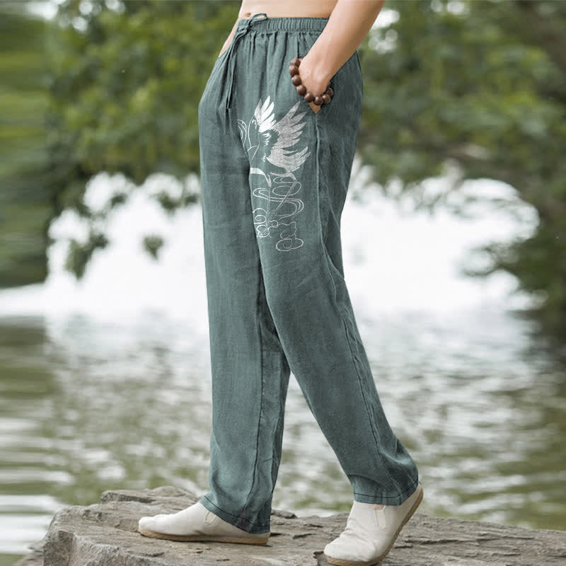 Nimara Ritual Cotton White Crane Wave Pattern Men's Tapered Pants With Pockets
