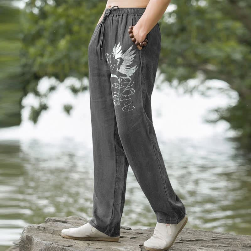 Nimara Ritual Cotton White Crane Wave Pattern Men's Tapered Pants With Pockets