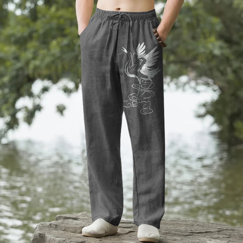 Nimara Ritual Cotton White Crane Wave Pattern Men's Tapered Pants With Pockets