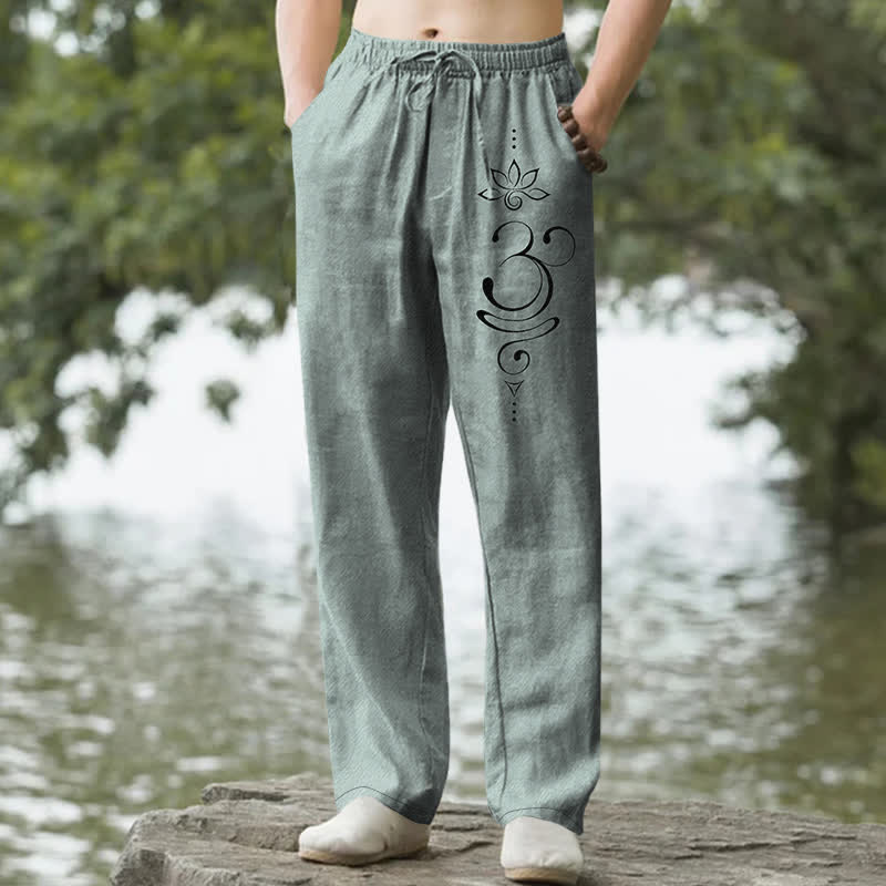 Nimara Ritual Cotton Zen Lotus Om Pattern Men's Tapered Pants With Pockets