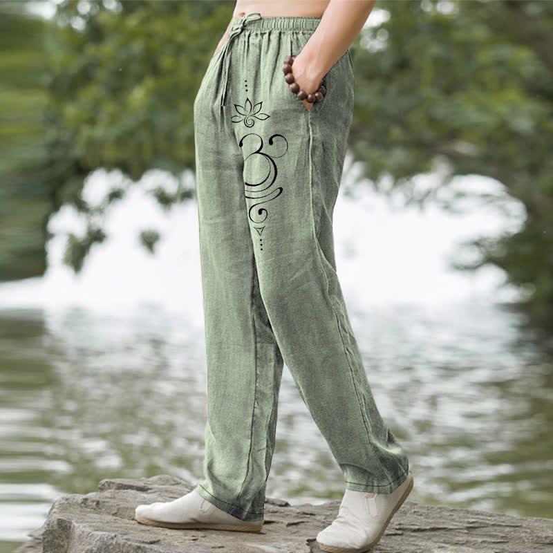 Nimara Ritual Cotton Zen Lotus Om Pattern Men's Tapered Pants With Pockets