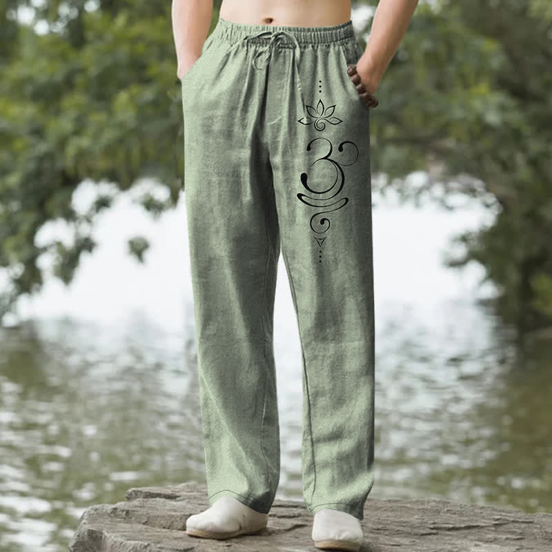 Nimara Ritual Cotton Zen Lotus Om Pattern Men's Tapered Pants With Pockets