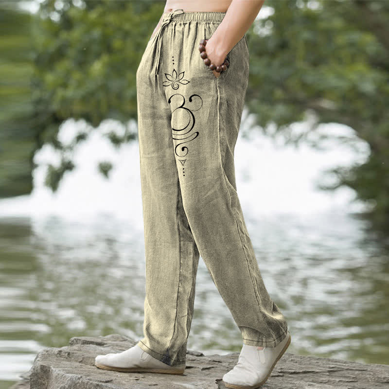 Nimara Ritual Cotton Zen Lotus Om Pattern Men's Tapered Pants With Pockets