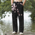 Nimara Ritual Cotton Pink Sakura Blossom Pattern Men's Tapered Pants With Pockets