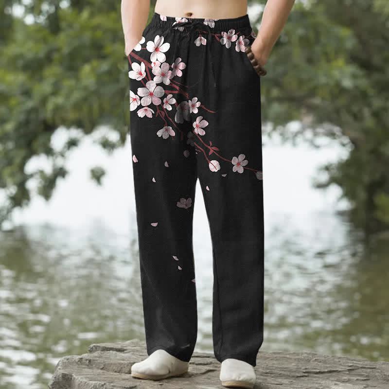 Nimara Ritual Cotton Pink Sakura Blossom Pattern Men's Tapered Pants With Pockets