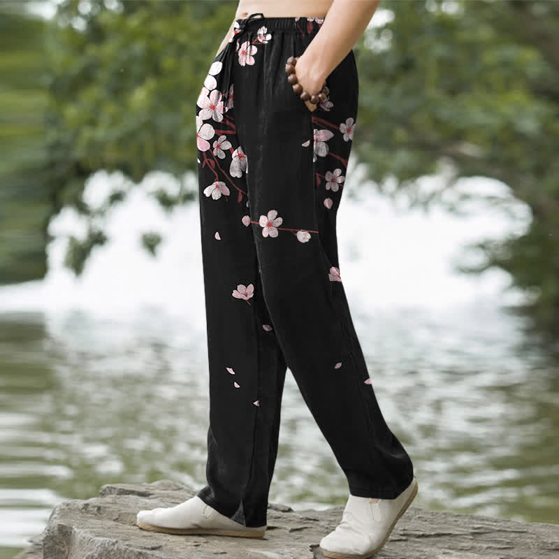Nimara Ritual Cotton Pink Sakura Blossom Pattern Men's Tapered Pants With Pockets