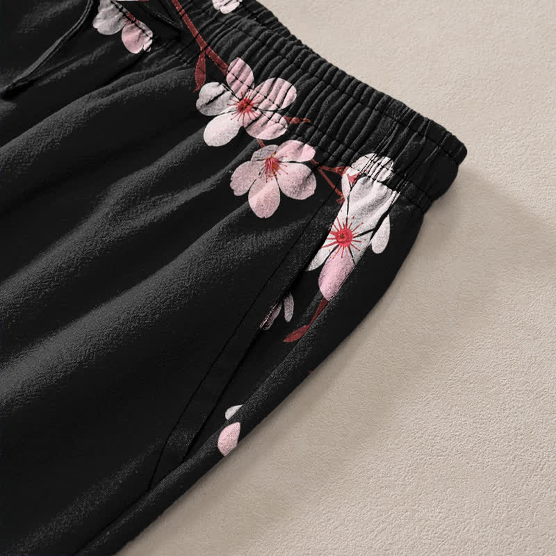 Nimara Ritual Cotton Pink Sakura Blossom Pattern Men's Tapered Pants With Pockets