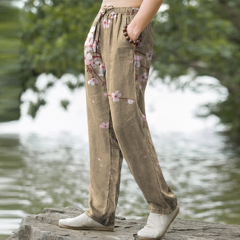 Nimara Ritual Cotton Pink Sakura Blossom Pattern Men's Tapered Pants With Pockets
