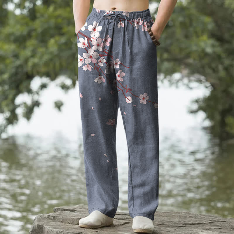 Nimara Ritual Cotton Pink Sakura Blossom Pattern Men's Tapered Pants With Pockets