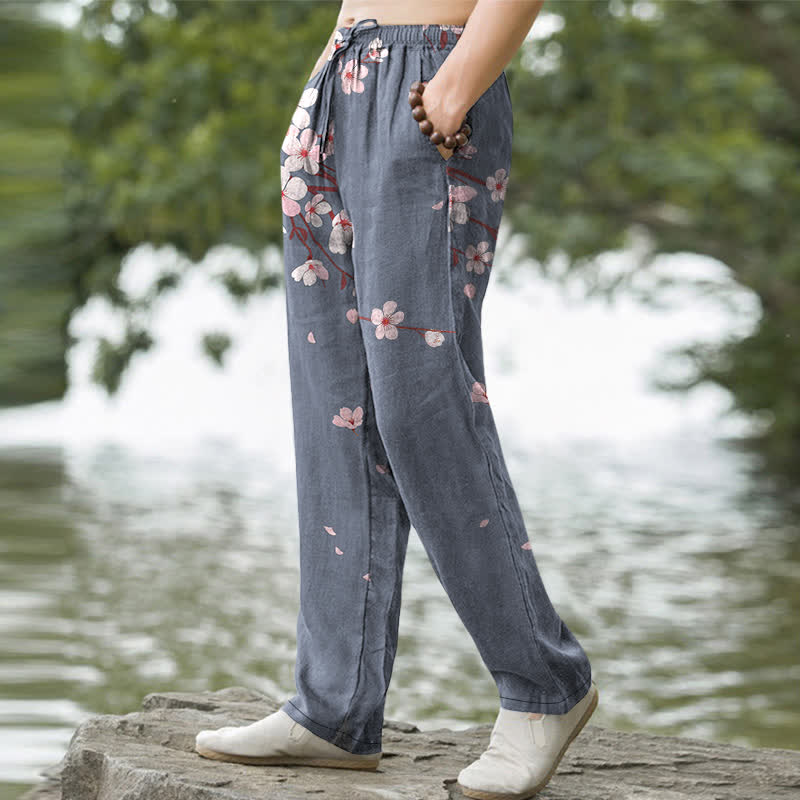 Nimara Ritual Cotton Pink Sakura Blossom Pattern Men's Tapered Pants With Pockets