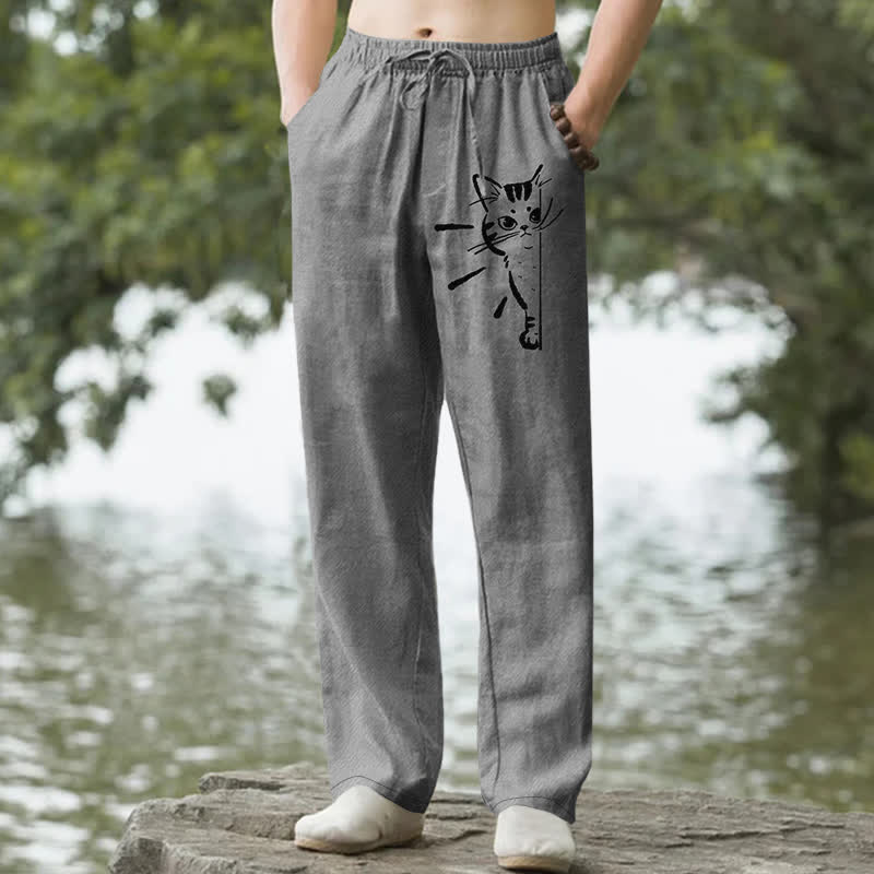 Nimara Ritual Cotton Black Cat Sketch Pattern Men's Tapered Pants With Pockets