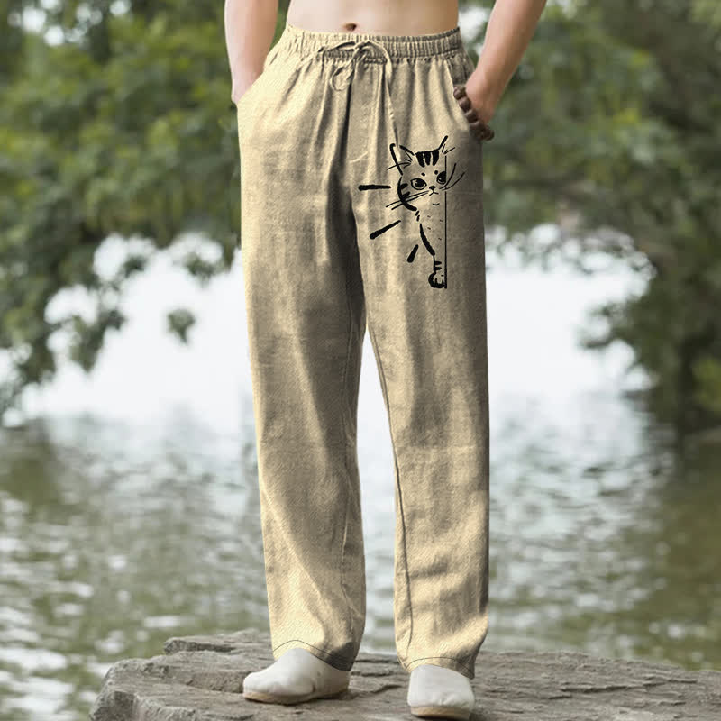 Nimara Ritual Cotton Black Cat Sketch Pattern Men's Tapered Pants With Pockets