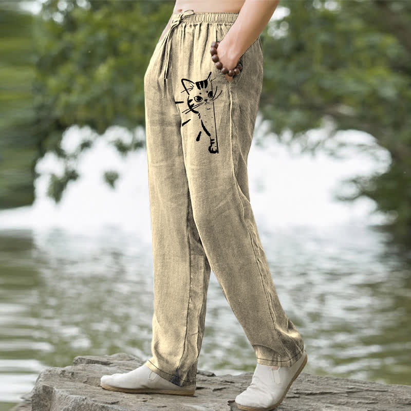 Nimara Ritual Cotton Black Cat Sketch Pattern Men's Tapered Pants With Pockets