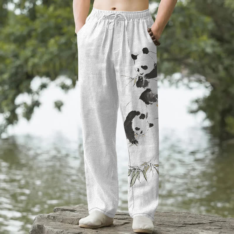 Nimara Ritual Cotton Ink Panda Bamboo Pattern Men's Tapered Pants With Pockets
