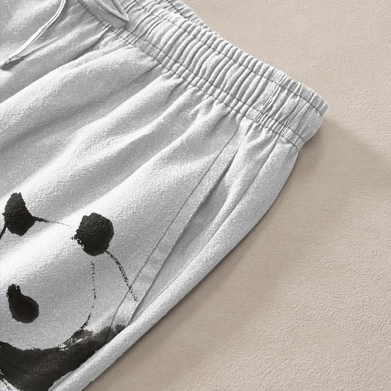 Nimara Ritual Cotton Ink Panda Bamboo Pattern Men's Tapered Pants With Pockets