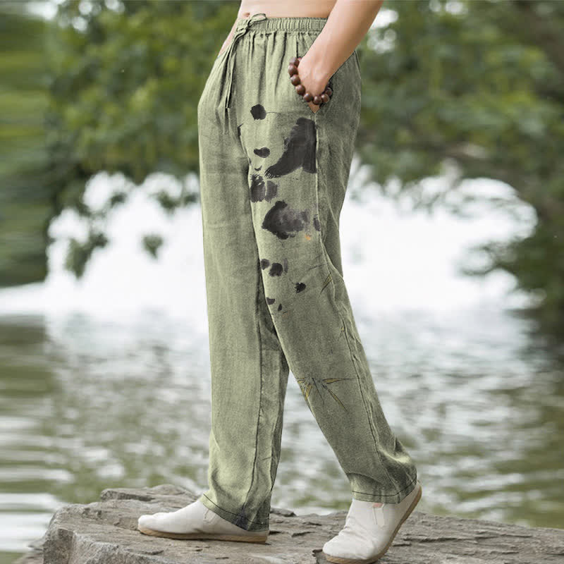 Nimara Ritual Cotton Ink Panda Bamboo Pattern Men's Tapered Pants With Pockets