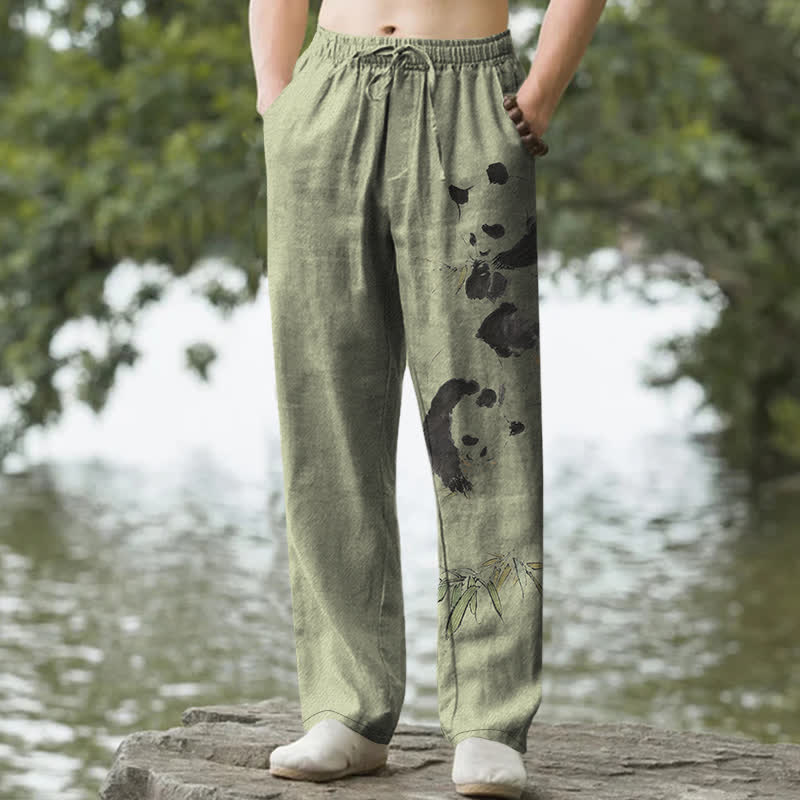 Nimara Ritual Cotton Ink Panda Bamboo Pattern Men's Tapered Pants With Pockets