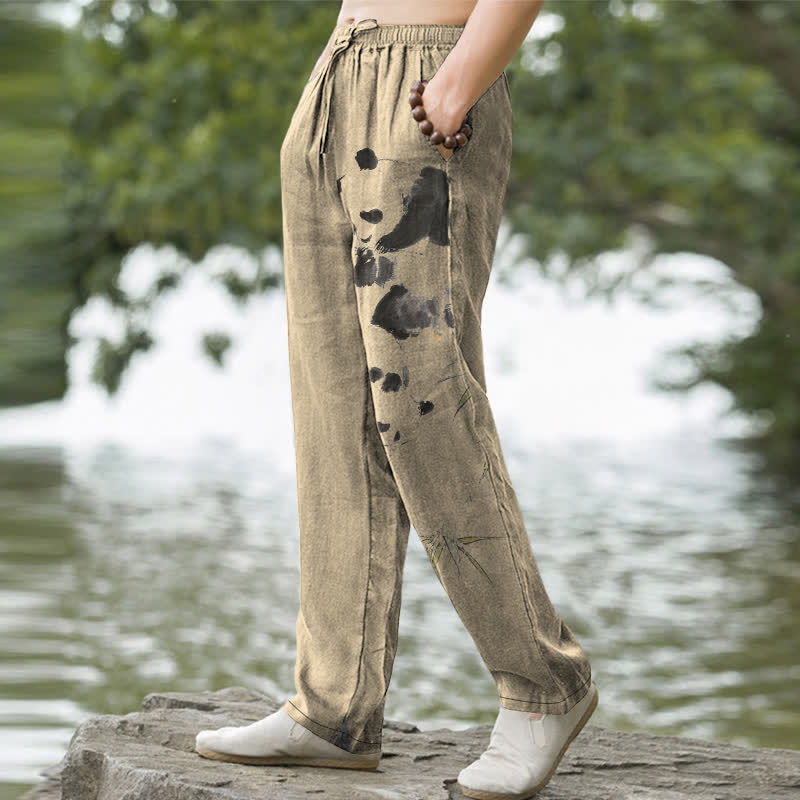 Nimara Ritual Cotton Ink Panda Bamboo Pattern Men's Tapered Pants With Pockets