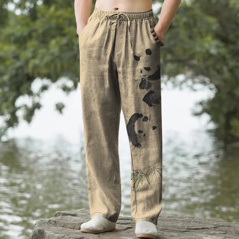 Nimara Ritual Cotton Ink Panda Bamboo Pattern Men's Tapered Pants With Pockets
