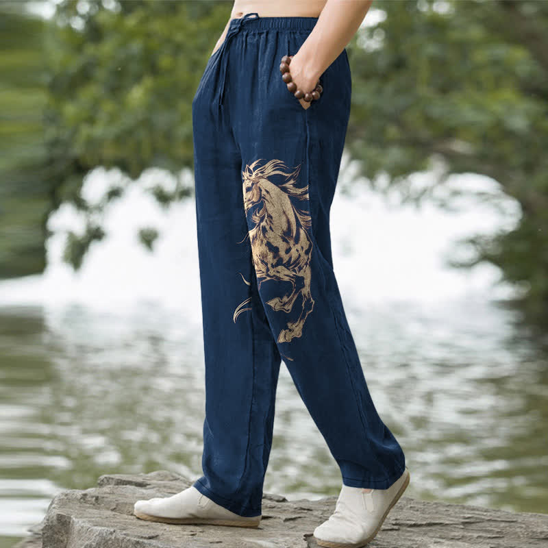 Nimara Ritual Cotton Golden Running Horse Pattern Men's Tapered Pants With Pockets