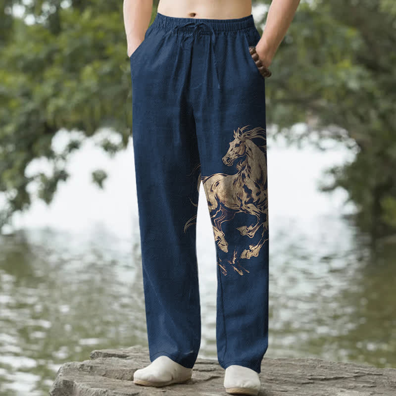 Nimara Ritual Cotton Golden Running Horse Pattern Men's Tapered Pants With Pockets