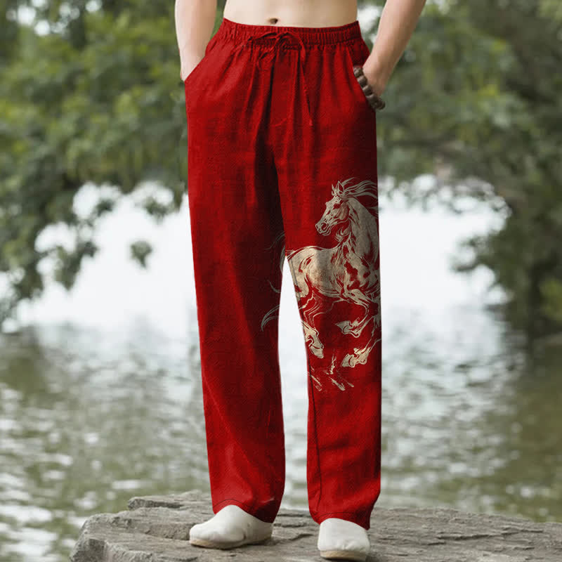 Nimara Ritual Cotton Golden Running Horse Pattern Men's Tapered Pants With Pockets