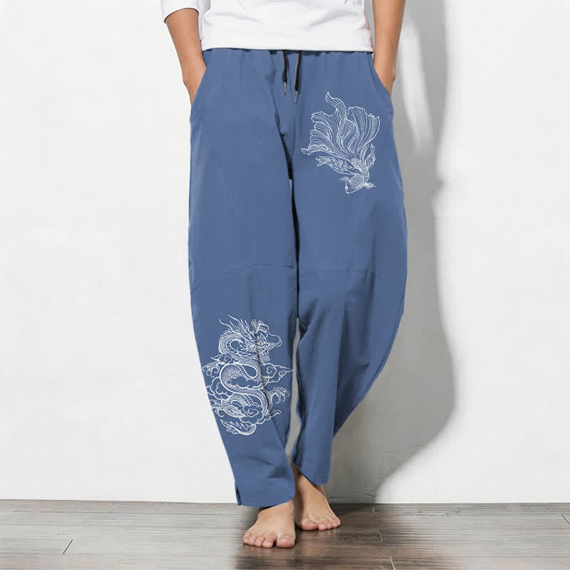 Nimara Ritual Pure Cotton Koi Dragon Pattern Drawstring Men's Tapered Pants With Pockets