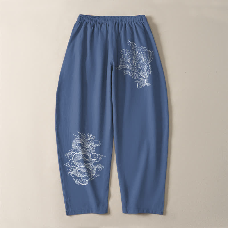 Nimara Ritual Pure Cotton Koi Dragon Pattern Drawstring Men's Tapered Pants With Pockets