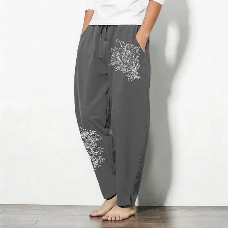 Nimara Ritual Pure Cotton Koi Dragon Pattern Drawstring Men's Tapered Pants With Pockets