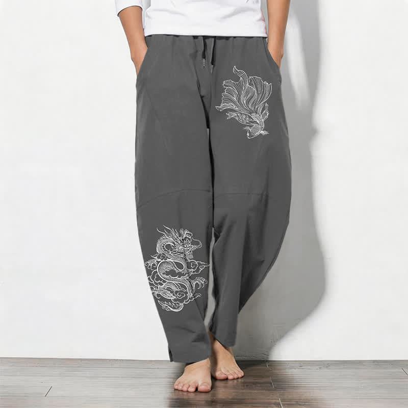 Nimara Ritual Pure Cotton Koi Dragon Pattern Drawstring Men's Tapered Pants With Pockets