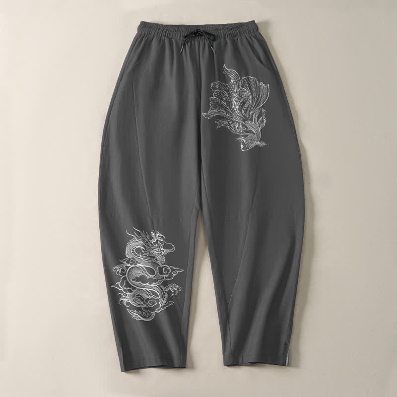 Nimara Ritual Pure Cotton Koi Dragon Pattern Drawstring Men's Tapered Pants With Pockets