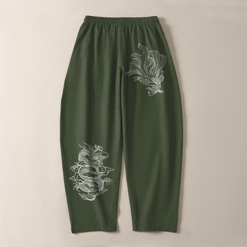 Nimara Ritual Pure Cotton Koi Dragon Pattern Drawstring Men's Tapered Pants With Pockets