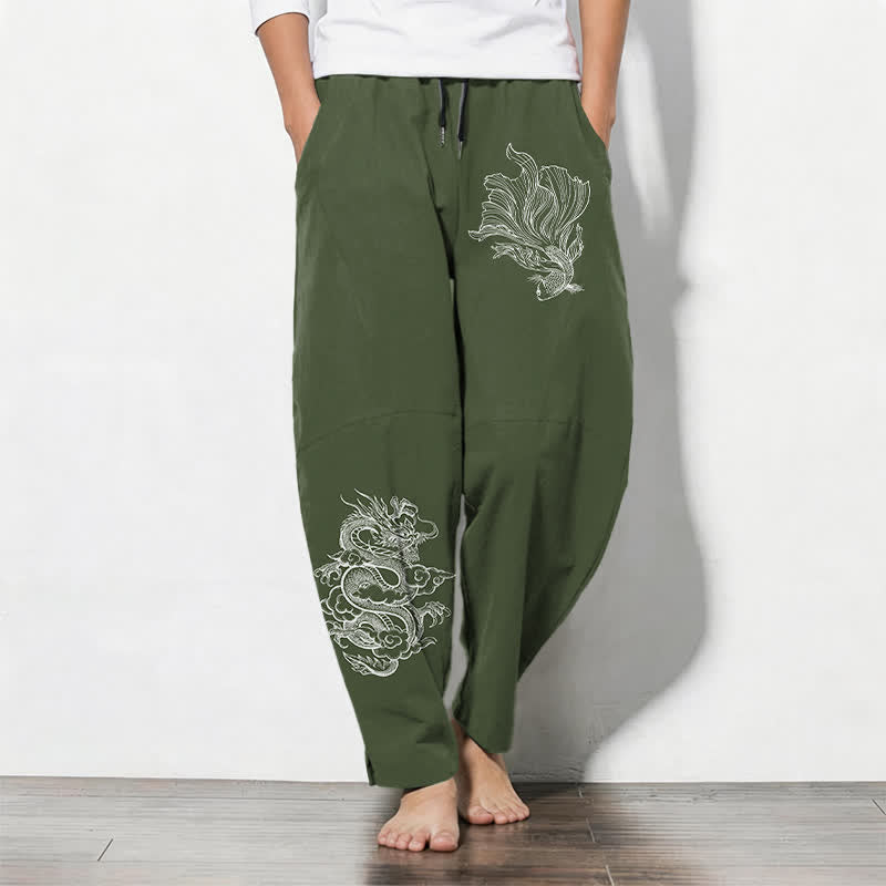 Nimara Ritual Pure Cotton Koi Dragon Pattern Drawstring Men's Tapered Pants With Pockets